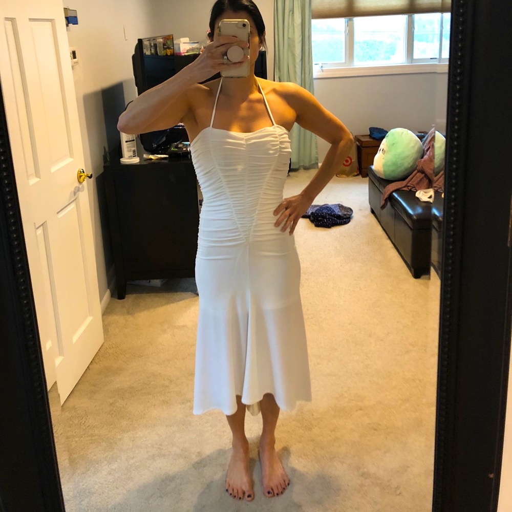 Moda White Ruched Sleeveless Neck Tied Midi Dress